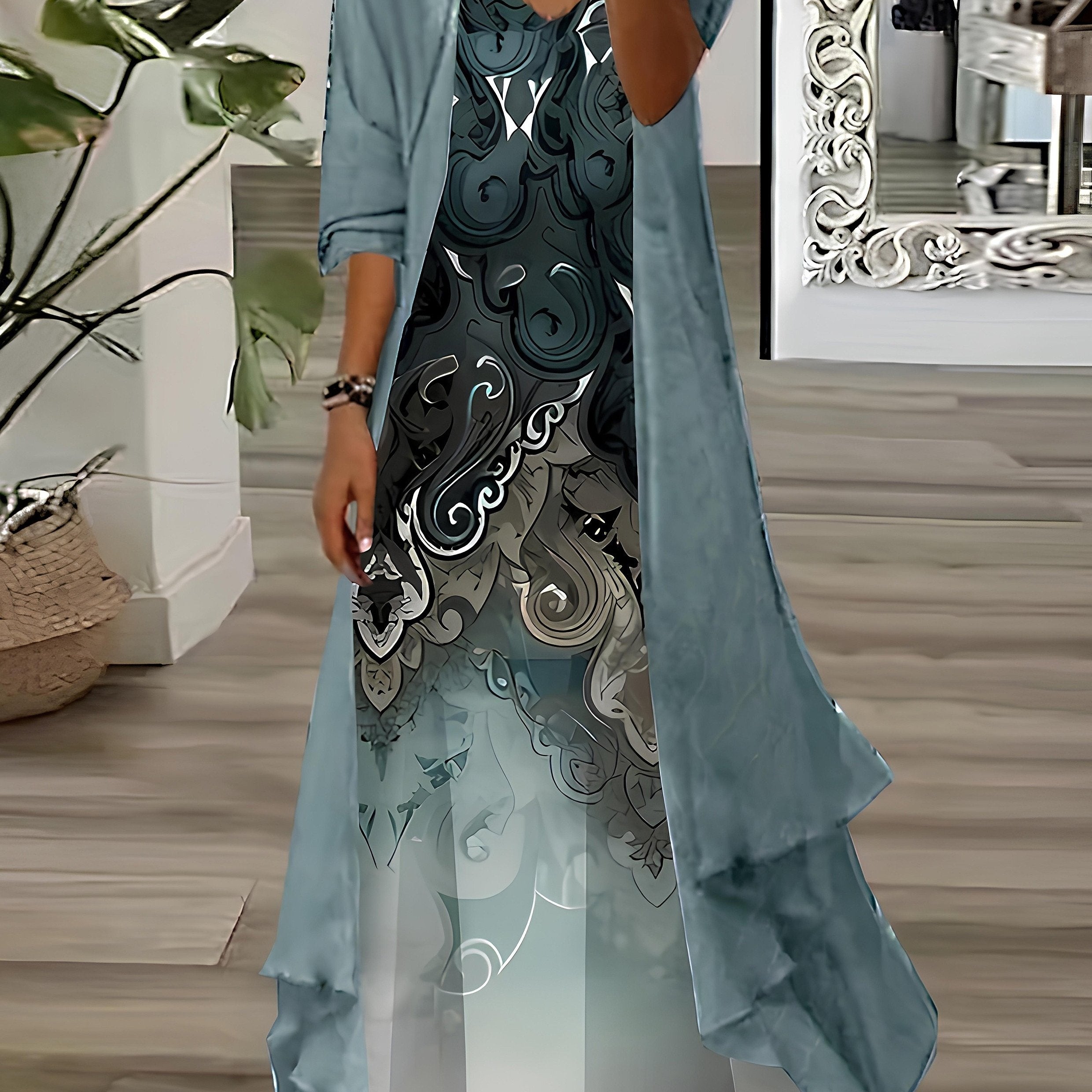 Solid Maxi Cardigan & Floral Print Dress Set