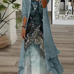 Solid Maxi Cardigan & Floral Print Dress Set