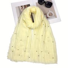 Solid Raw Trim Rushed Scarf Faux Pearl Decor Shawl Wrap
