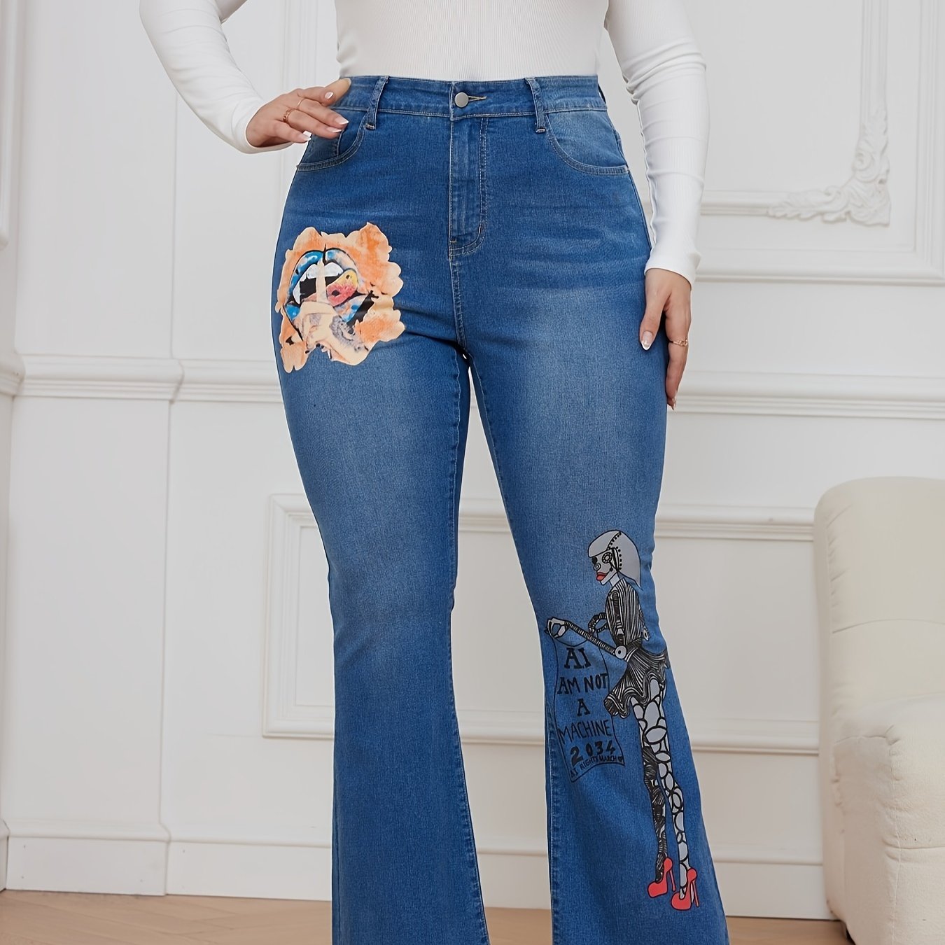  Goth Jeans Women's Plus Graphic Print Flared Leg Jeans