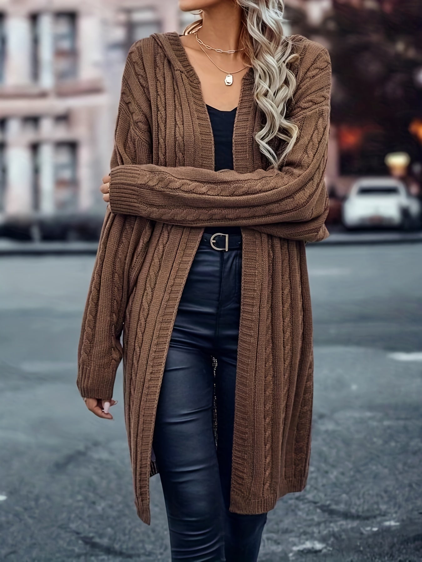  Cable Knit Open Front Hooded Sweater Cardigan