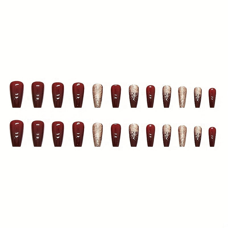 24pcs Golden Glitter Square Press On Nails, Acrylic Wine Red for Bridal Wedding