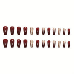 24pcs Golden Glitter Square Press On Nails, Acrylic Wine Red for Bridal Wedding