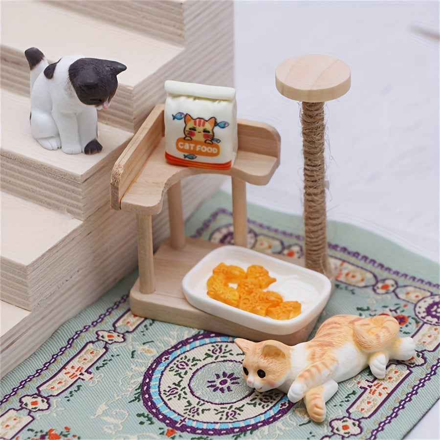 Wooden Cat Tree Dollhouse Accessory Set with Feeding Station & Decorative Items