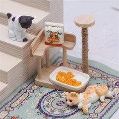 Wooden Cat Tree Dollhouse Accessory Set with Feeding Station & Decorative Items