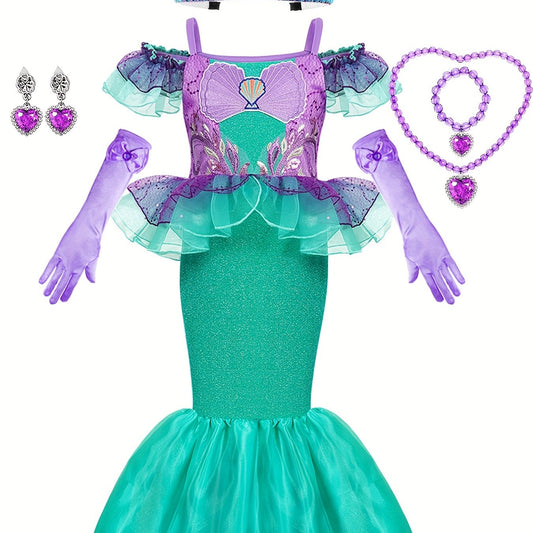 Girls Mermaid Princess Dress Set with Gloves, Crown and Jewelry