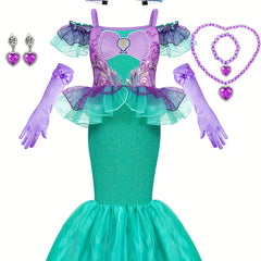 Girls Mermaid Princess Dress Set with Gloves, Crown and Jewelry
