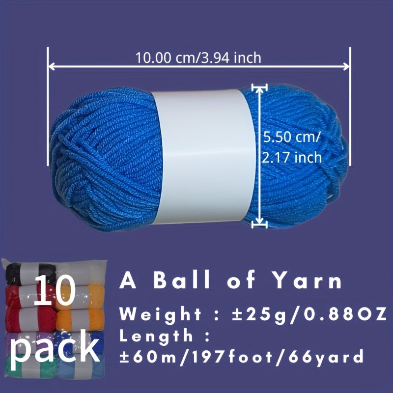 10pcs Solid Yarn In 10 Colors For Knitting Crocheting Weaving 25g