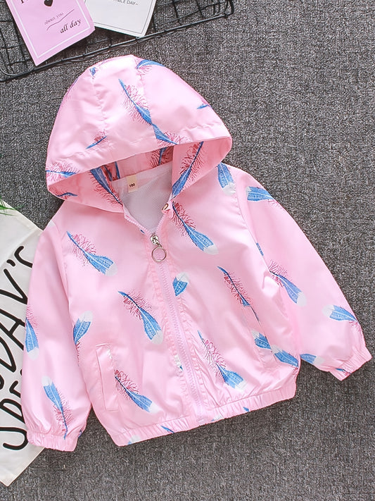 Kids Feather Print Hooded Jacket Coat with Pocket
