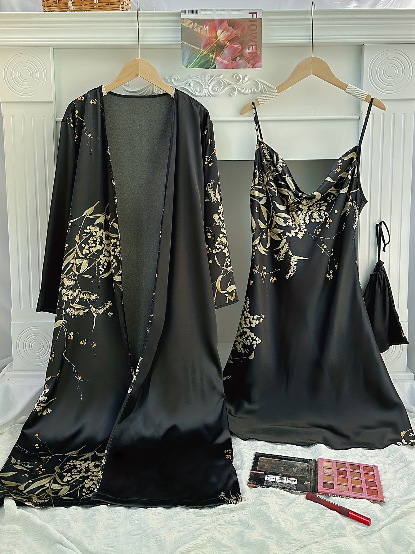 3pcs Cherry Print Pajamas Set Long Sleeve Robe & Cami Mini Dress & Storage Bag
