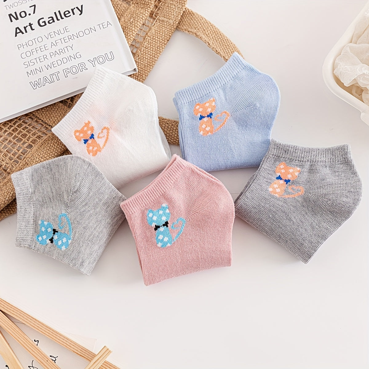 5 Pairs Cartoon Spotted Cat Short Socks Cute Ankle Stockings Women's Hosiery