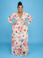 All Over Print V Neck Belted Wrap Maxi Dress Women's Plus