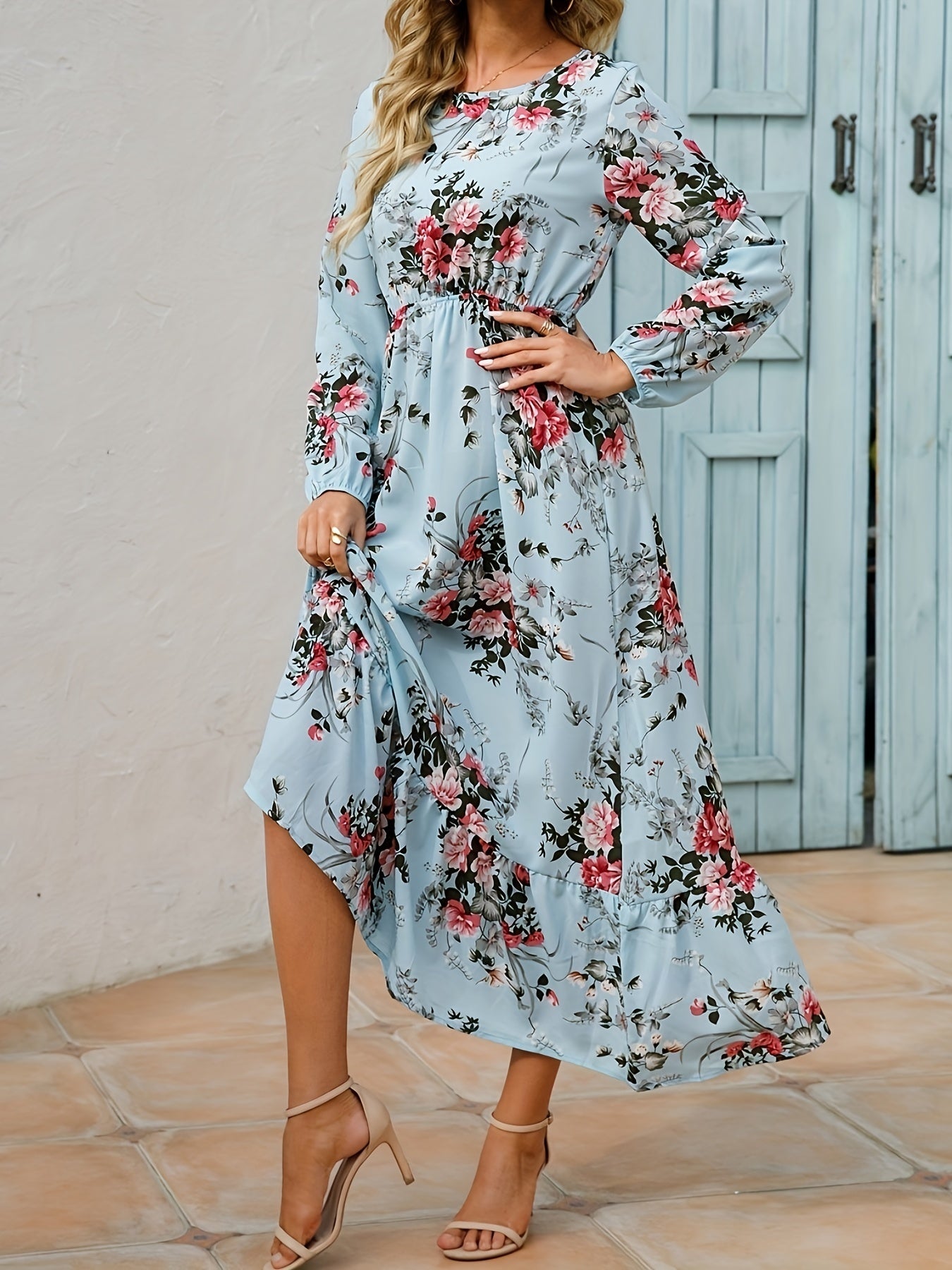 Floral Print Long Sleeve Tiered Dress Crew Neck