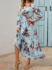 Floral Print Long Sleeve Tiered Dress Crew Neck