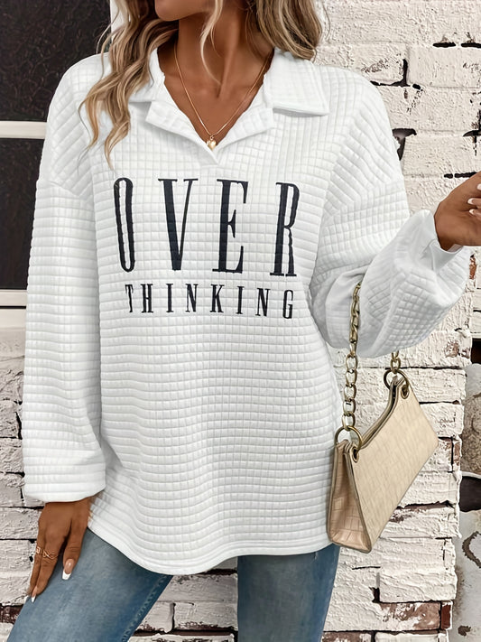 Letter Print Lapel Neck Sweatshirt Casual Long Sleeve Loose