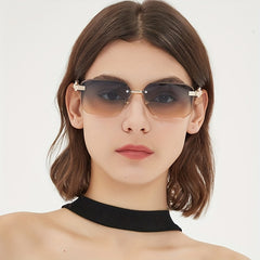 Gradient Lens Rimless Sunglasses Metal Leopard Engraved Temple Glasses UV400