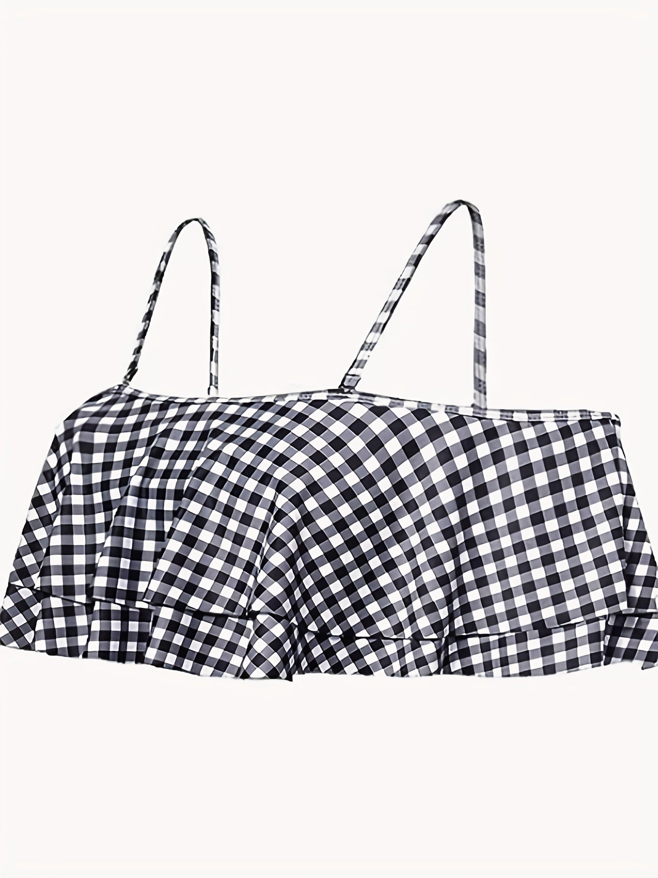 Plus Gingham Print Ruffle Trim Layered Cold Shoulder Bikini Top