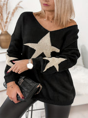  Star Print V Neck Sweater Long Sleeve Jumper