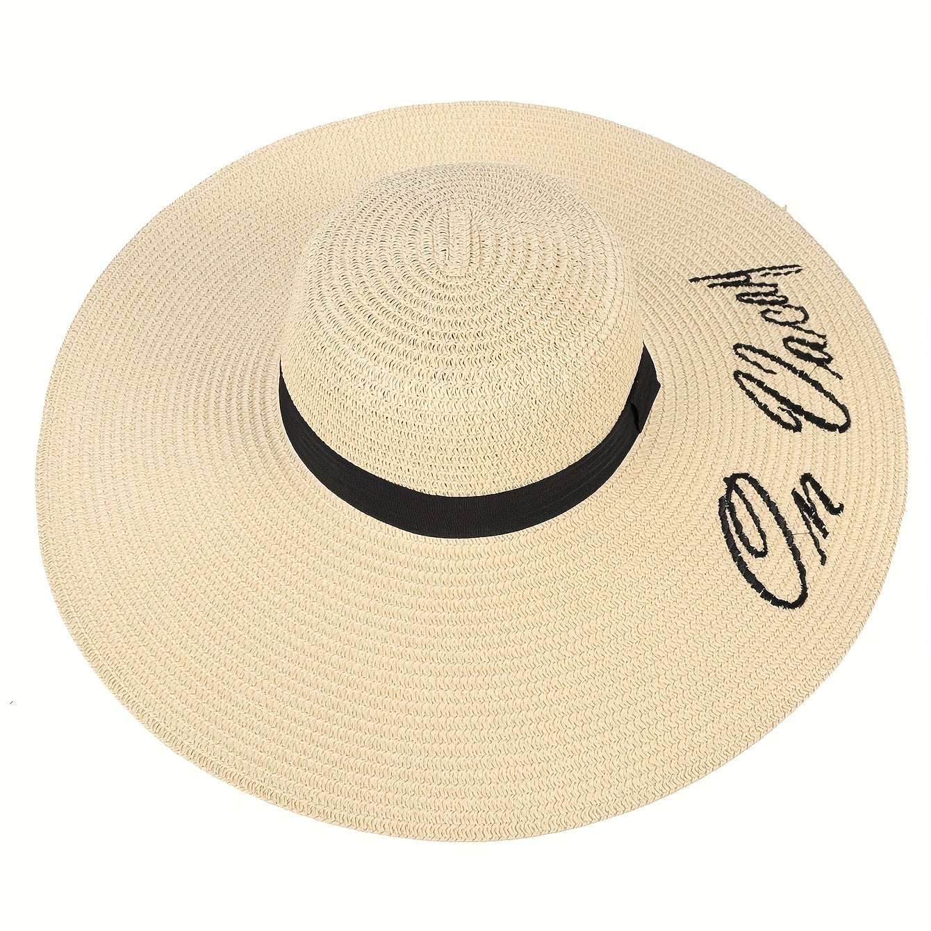 Embroidered Sun Hat Wide Brim Beige Straw Hat