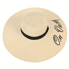 Embroidered Sun Hat Wide Brim Beige Straw Hat