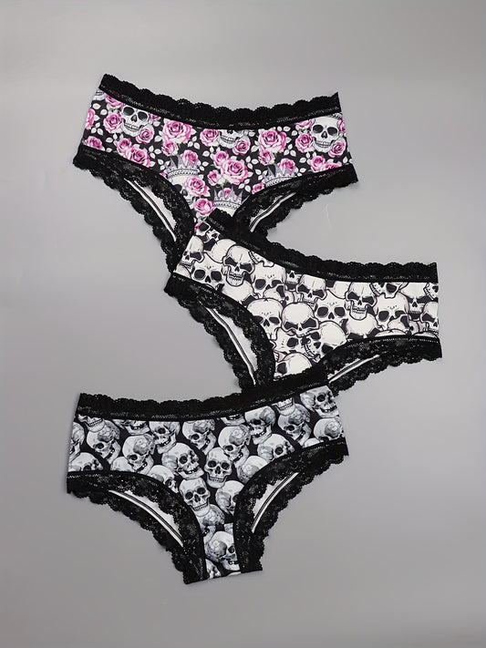 3 Pack Plus Size Gothic Skull & Rose Print Lace Trim Panties Set