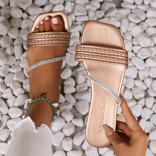 Women's Rhinestone Decor Slide Sandals Casual Flat Shoes Lightweight