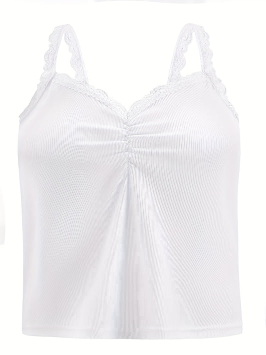  Solid Ribbed Lace Trim V Neck Cami Top