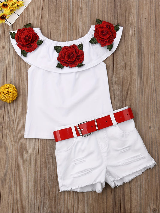 Girls Floral Off Shoulder Top & Denim Shorts Set