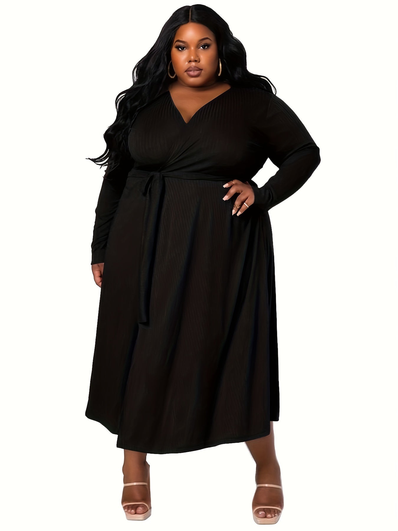 Plus Size Solid Ribbed Long Sleeve Maxi Dress With Belt