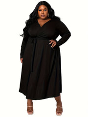 Plus Size Solid Ribbed Long Sleeve Maxi Dress With Belt