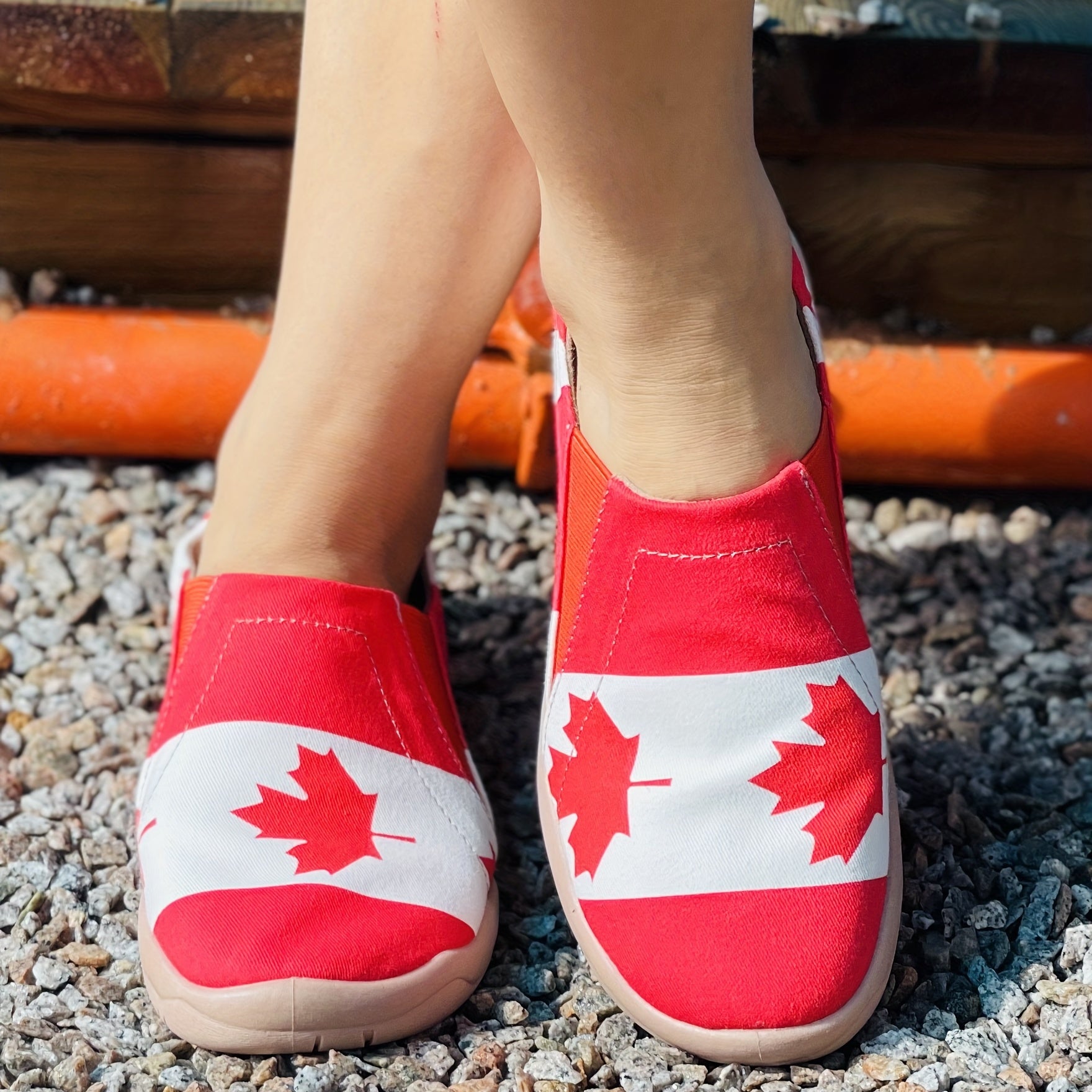 Women's Red Maple Leaf Print Canvas Slip-On Shoes Lightweight Sneakers
