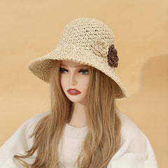 Beige Crochet Straw Bucket Hat Flower Decor Hollow Breathable