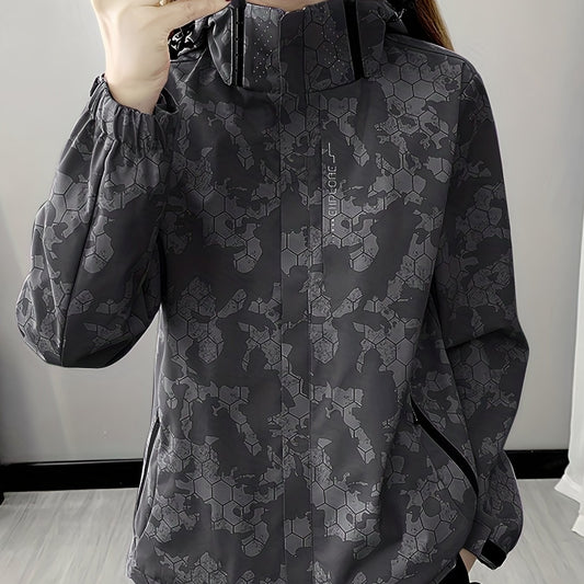 Camo Long Sleeves Outdoor Jacket Waterproof Zip Pockets Hood Women's Coat