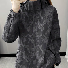 Camo Long Sleeves Outdoor Jacket Waterproof Zip Pockets Hood Women's Coat