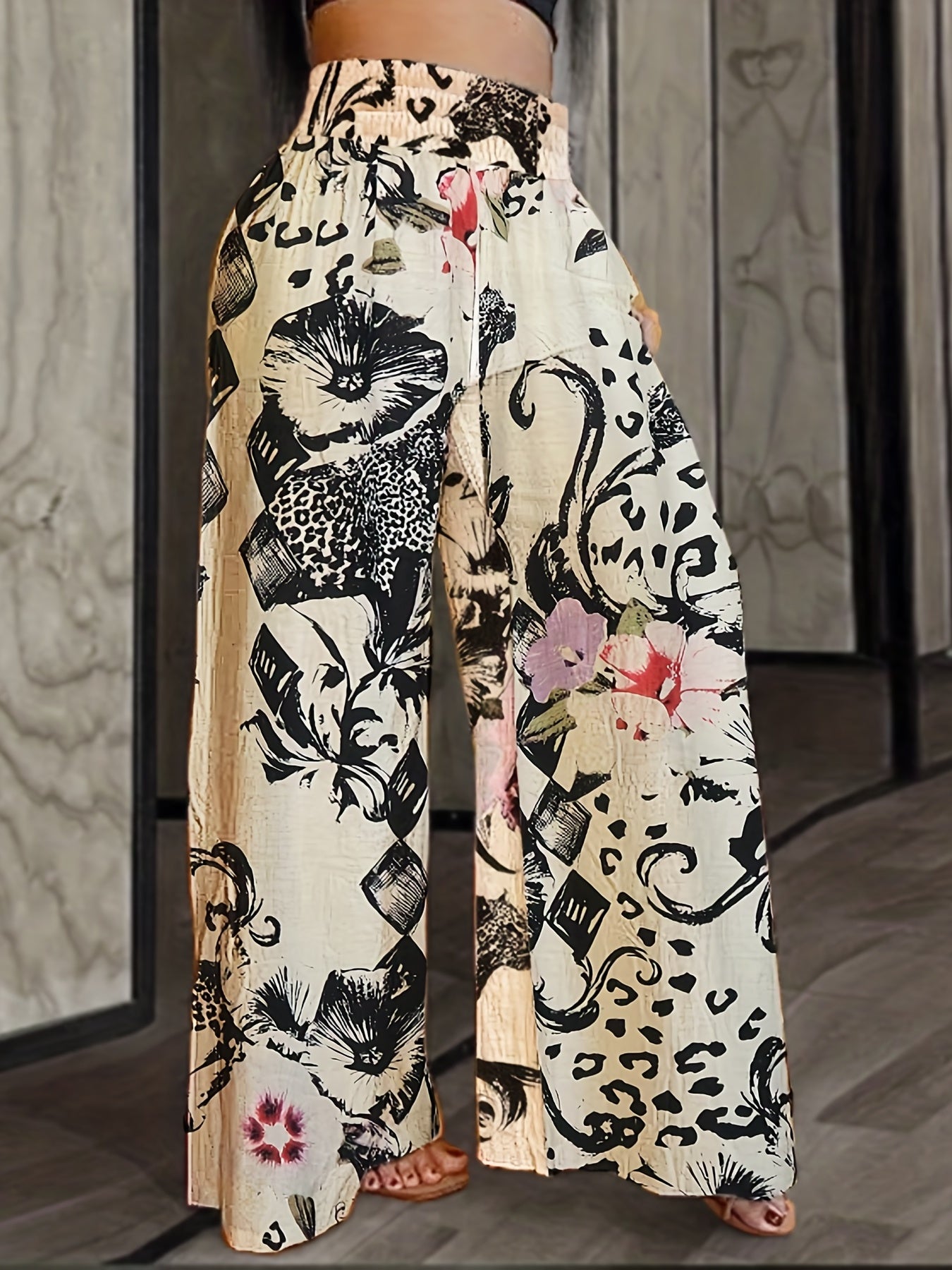  Abstract Figure Print High Waist Wide Leg Loose Pants