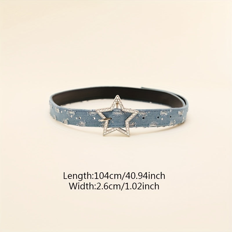 Rhinestone Pentagram Buckle Belt Denim Washed Distressed PU Leather Hip Hop