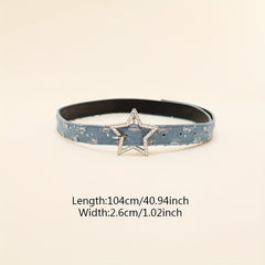 Rhinestone Pentagram Buckle Belt Denim Washed Distressed PU Leather Hip Hop