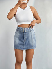 Adjustable Belt High Waist Mini Denim Skirt Women's Clothing