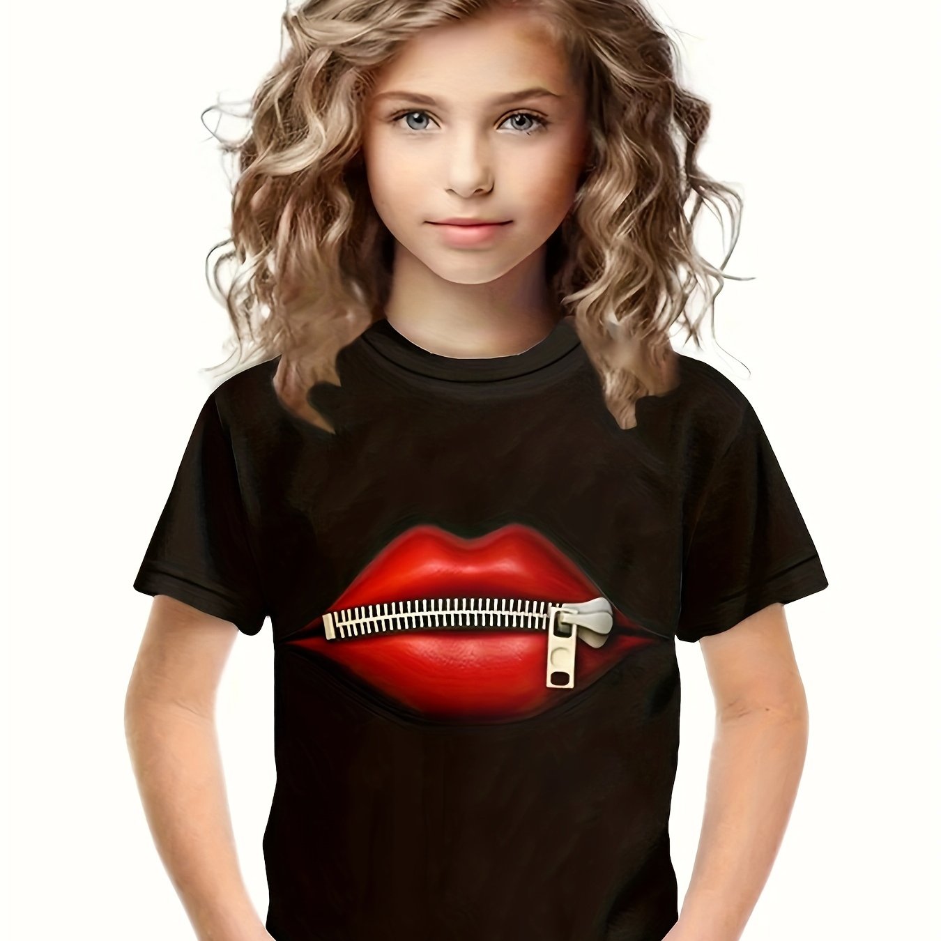3D Lips Print Short Sleeve T shirt for Girls and Boys