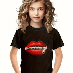 3D Lips Print Short Sleeve T shirt for Girls and Boys