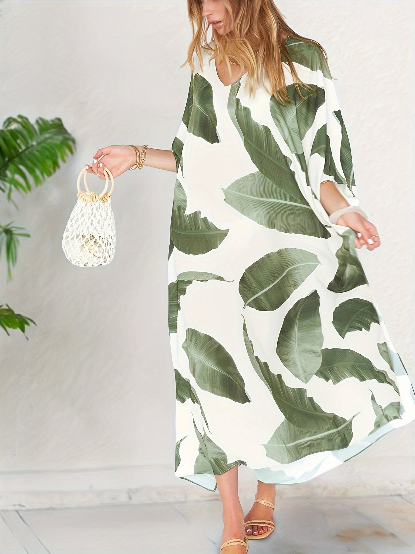  Tropical Print V Neck Split Cover Up Dress