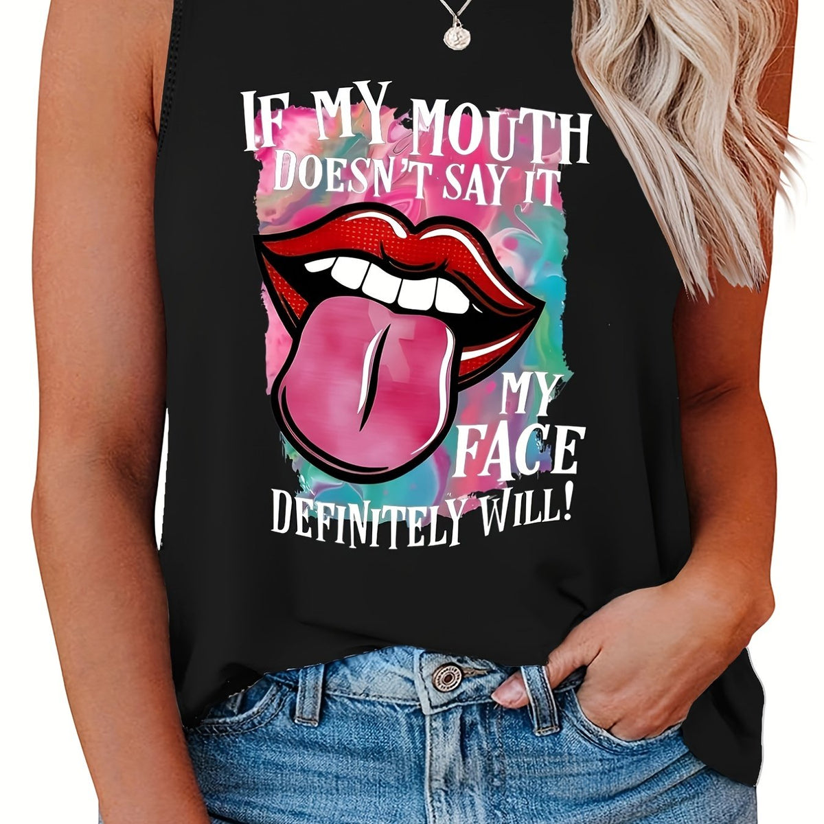  Casual Tank Top Women's Plus Slogan & Lip Print Round Neck Tank Top
