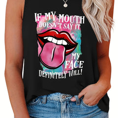  Casual Tank Top Women's Plus Slogan & Lip Print Round Neck Tank Top