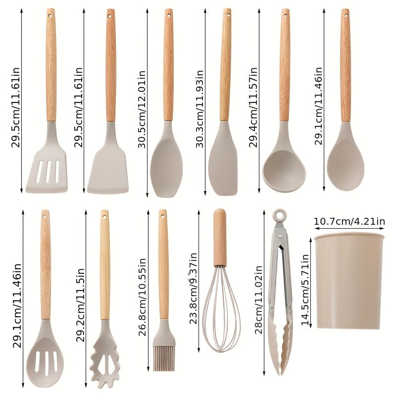 12pcs Silicone Utensil Set Khaki Kitchen Utensil Set With Wooden Handle