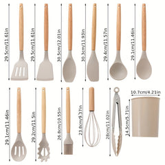 12pcs Silicone Utensil Set Khaki Kitchen Utensil Set With Wooden Handle