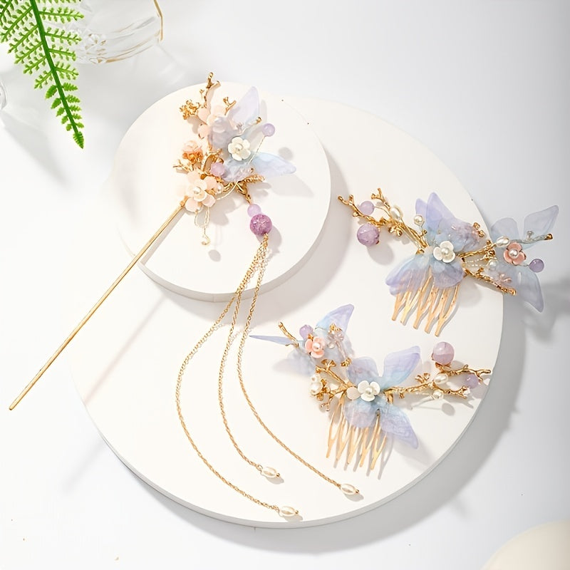 Flower Tassel Hairpin Earrings Hanfu Headwear Set