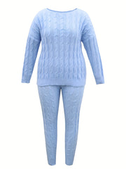  2 Piece Sweater & Pants Set Solid Jacquard Long Sleeve Outfit