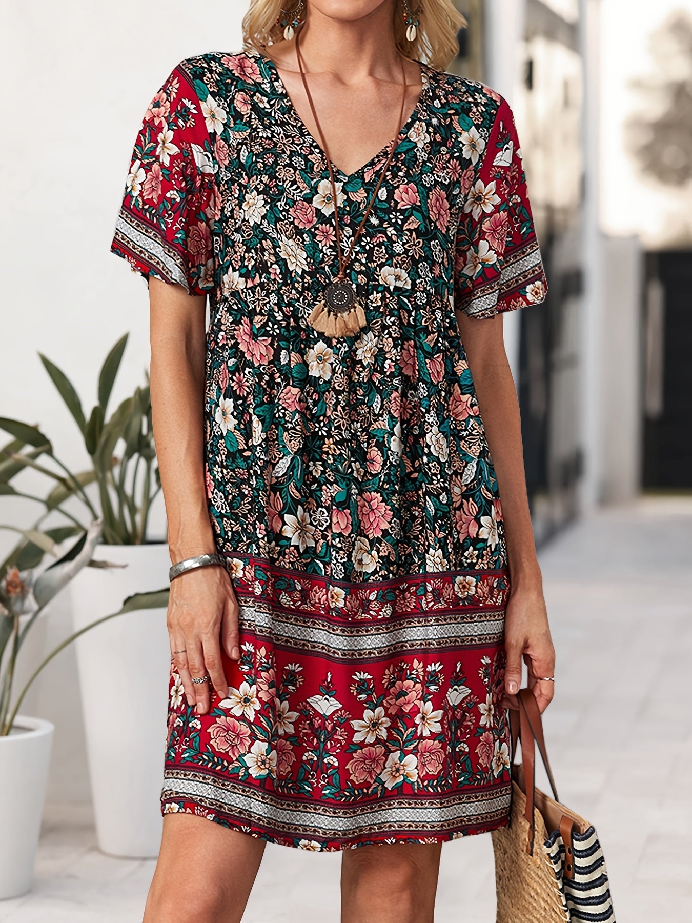 Floral Print V Neck Short Sleeve Dress for Summer