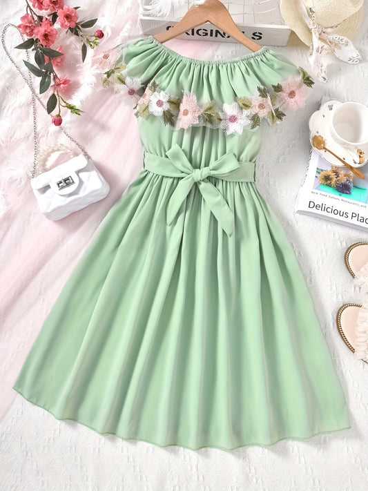 Girls Ruffle Trim Off Shoulder Floral Dress For Vacation
