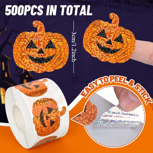 500pcs Holographic Pumpkin Face Stickers Orange Glitter Decals